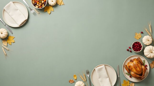 Top view of a festive thanksgiving dinner table setting with roasted turkey and various side dishes on green background