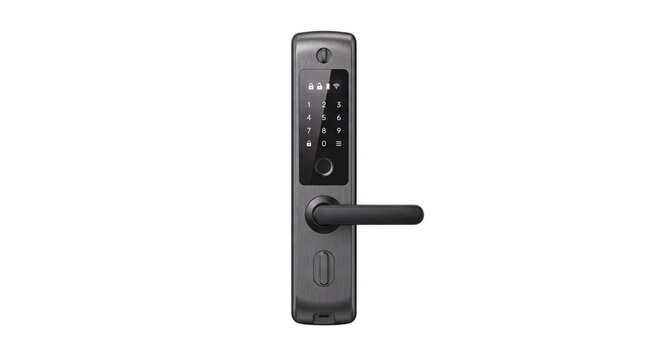 Modern smart door lock with digital keypad and isolated on png transparent background