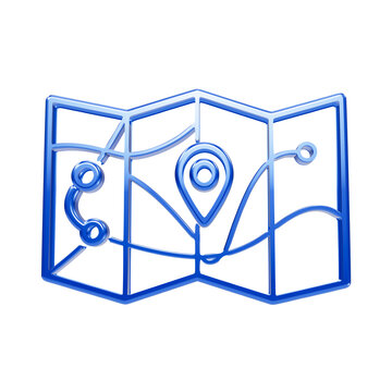 Blue glossy unfolded map with route lines and location pin marker on a transparent background, map blue glossy, location pin
