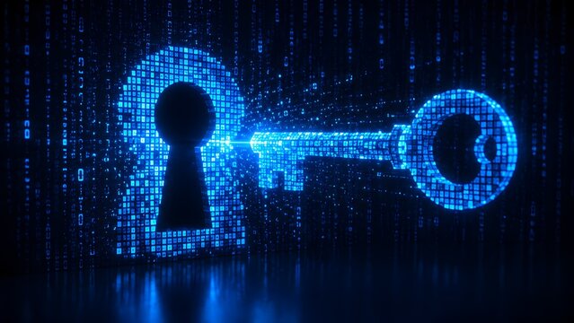 Glowing Digital Key Entering Keyhole On Code Background Representing Cyber Security And Data Protection
