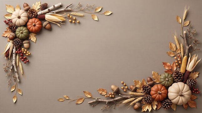 Decorative autumn border frame made of pumpkins pinecones and dried leaves on a solid light brown background copy space