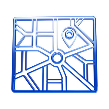 Shiny blue city street map with road grid network and location pin on a dark background, navigation