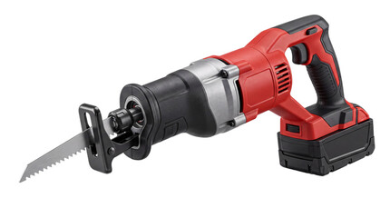 Red and silver cordless reciprocating saw with isolated on png transparent background © Sumon