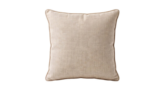 Square beige linen throw pillow with piped edges isolated on png transparent background