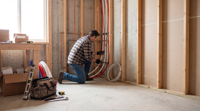 Plumber installing copper and PEX pipes in unfinished basement construction with natural light