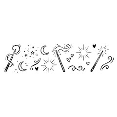 Black and white hand drawn magic wands sparkles and moon sketches with sparkles © mukul