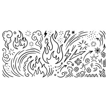 Hand drawn doodle set of fire flames lightning bolts and smoke swirls