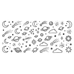 Space doodle set with planets stars comets and crescent moons © mukul