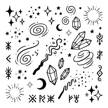 Hand drawn magic and mysticism doodle set with crystals and stars