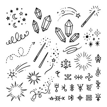 Black and white magic doodles set with crystals stars and wands
