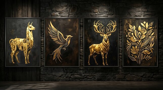Four framed artistic renderings of deer in shades of gold and purple