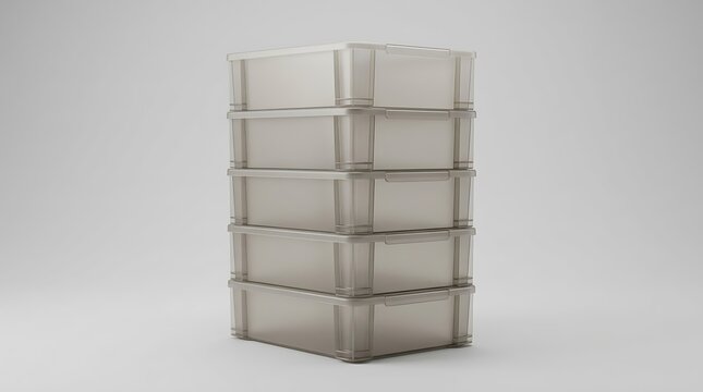 A stack of five empty clear plastic storage boxes for organization and office supplies. stackable plastic trays