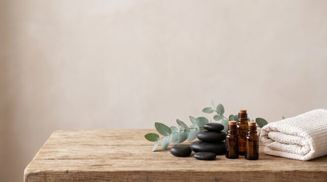 Spa wellness arrangement with essential oil bottles, hot stones, eucalyptus leaves and folded towel on wooden table