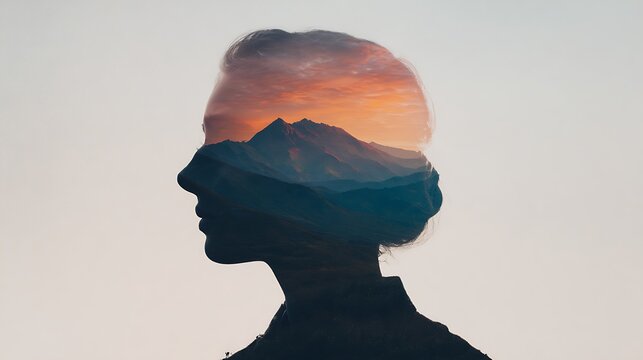 Silhouette of a woman's profile blended with a mountain landscape at sunset, creating a surreal double exposure effect.