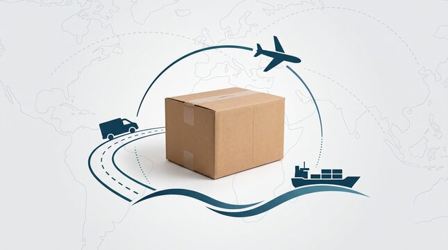 Global logistics and shipping concept with cardboard box, airplane, truck, and cargo ship on world map background