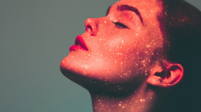 A close-up of a woman's face tilted upwards, covered in sparkling glitter against a muted background.