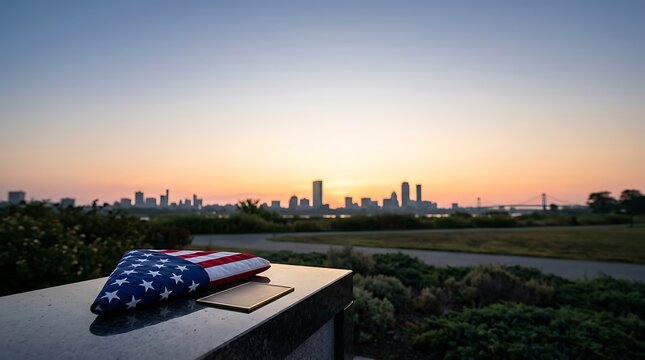 Folded American Flag on Granite for Patriot Day Remembrance at City Sunrise