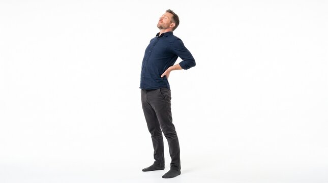 Man with back pain arching backward holding his lower back with a pained expression