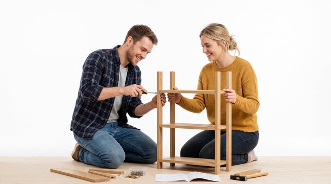 Happy couple assembling a wooden shelf unit together on a white background