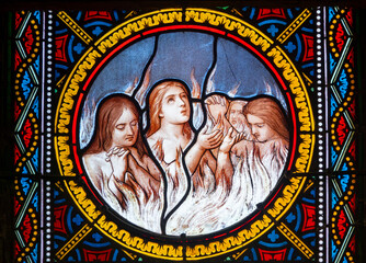 Fototapeta premium Stained glass of Souls in purgatory fire waiting for the salvation of their souls.