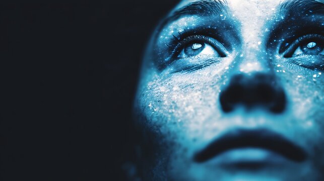 Close-up of a contemplative face illuminated by cool blue light, highlighting textured skin and reflective eyes against a dark background.