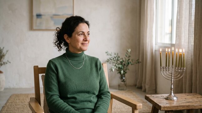 Woman in green sweater sitting in chair with menorah lit with candles in background
