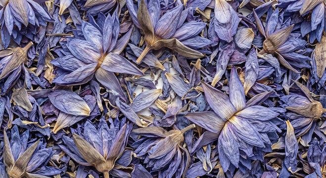 Intact dried blue lotus flowers in a sparse botanical field