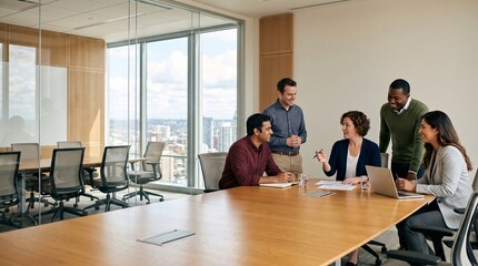 Fototapeta premium Diverse business team collaborates in a modern conference room with city views