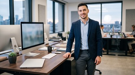 Obraz premium Smiling businessman in a modern office with computers and city view