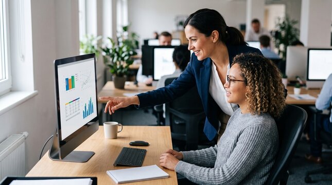 Two women in an office collaborate on a computer screen displaying financial charts and data analysis