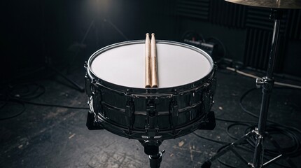 Obraz premium Close up of a snare drum with drumsticks resting on its white head in a dimly lit studio setting
