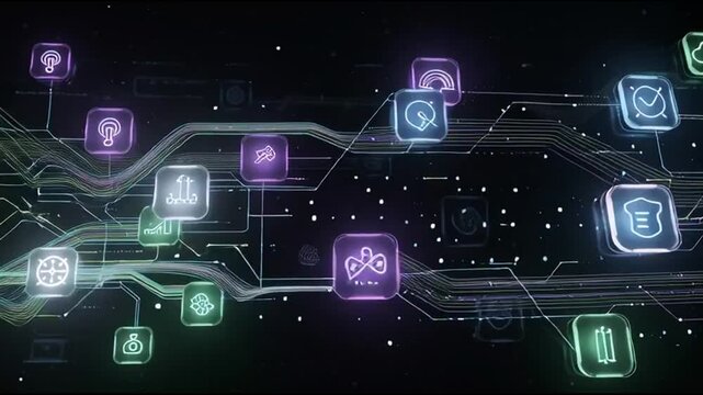 Innovation digital network icons floating over glowing circuit board
