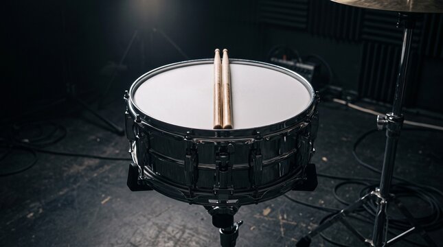 Close up of a snare drum with drumsticks resting on its white head in a dimly lit studio setting