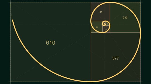 Fibonacci Spiral Geometric Sequence Diagram with Number Grid and Golden Ratio Layout.