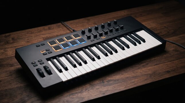 Modern MIDI keyboard controller with illuminated pads and knobs on a wooden desk