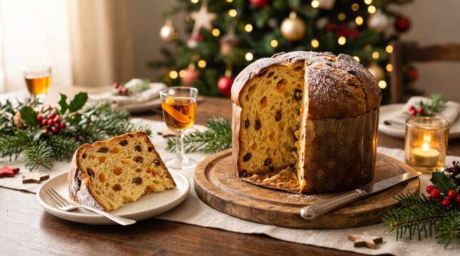 Festive Panettone Cake with Candied Fruit and Raisins on a Christmas Decorated Table
