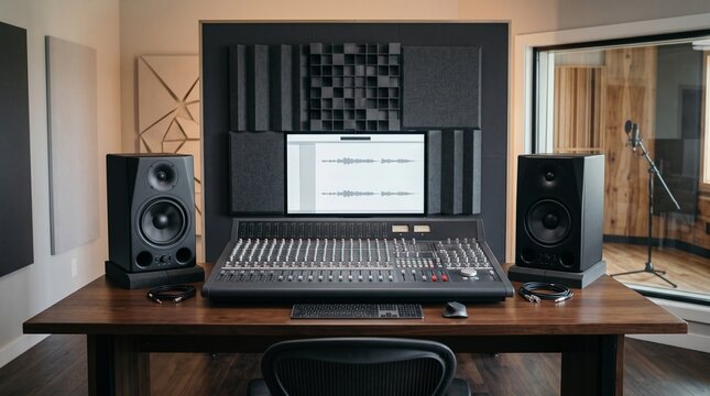Professional audio recording studio setup with mixing console speakers and computer monitor displaying waveforms