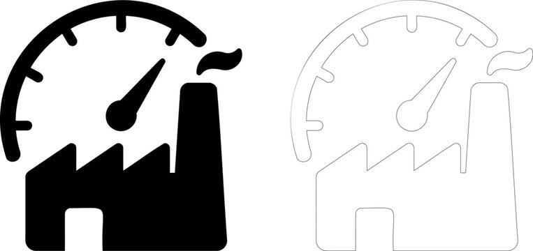 Industrial performance speedmeter icon showing factory and gauge for production metrics