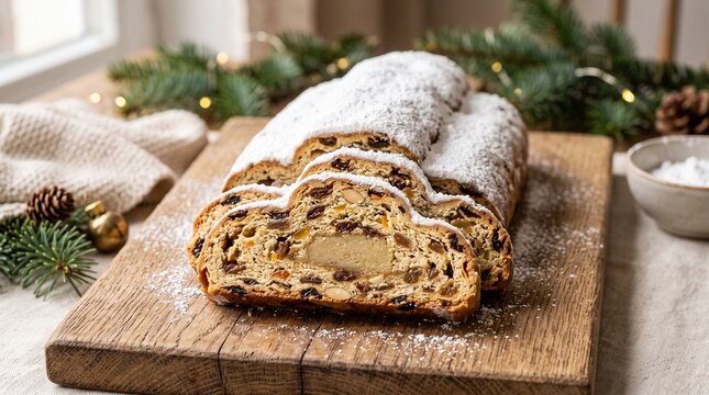 Traditional German Stollen cake dusted with powdered sugar on a wooden board with Christmas decorations