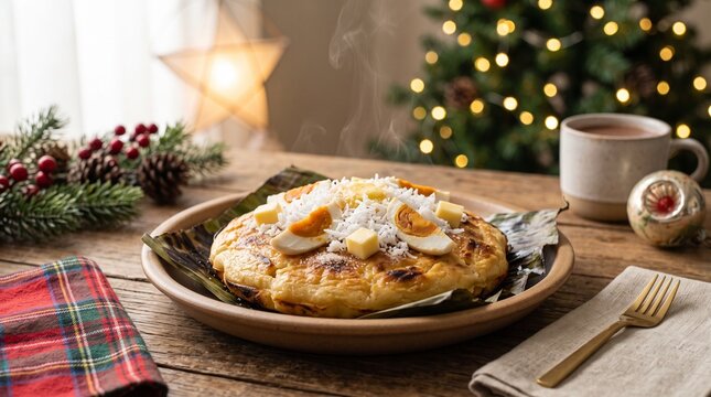Puto Bumbong a Filipino Christmas delicacy served with cheese and salted egg on a banana leaf with Christmas tree background
