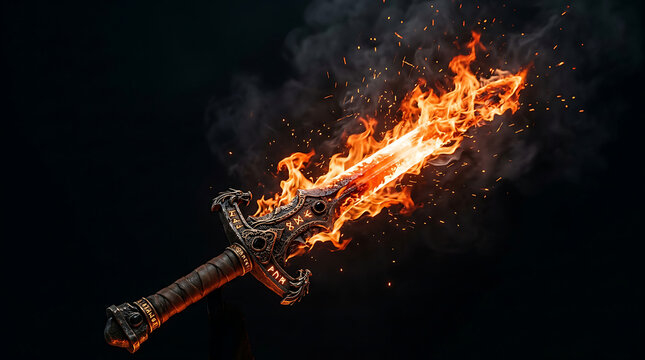 Fantasy sword ablaze with intense flames and smoke during a dramatic cinematic reveal