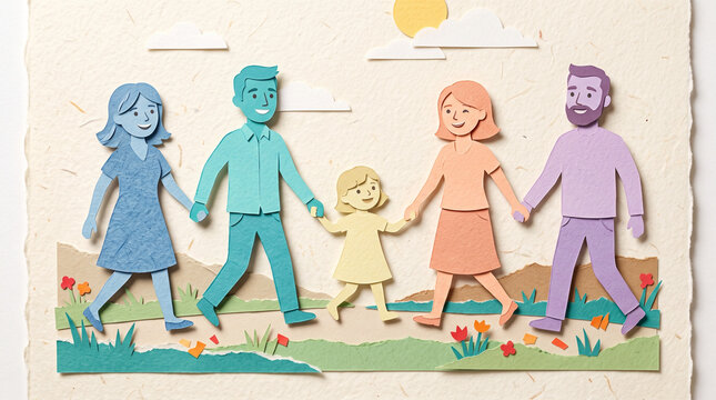 Paper cutout craft illustration of a happy family holding hands and walking together in an outdoor landscape with sky, clouds, and sun.