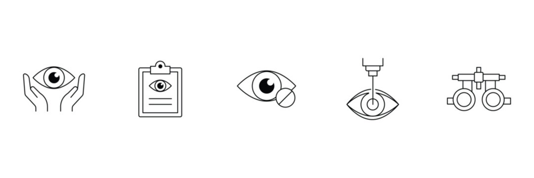 Ophthalmology vision care clipboard examination laser surgery phoropter icon set vector illustration.
