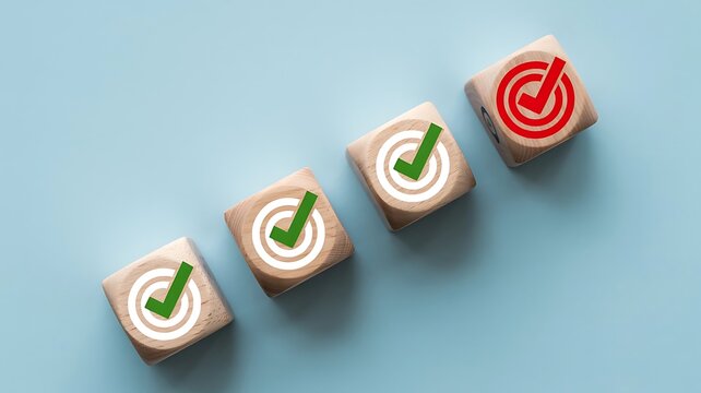 Wooden Blocks with Target Icons and Checkmarks Symbolizing Goal Achievement and Business Success Progress