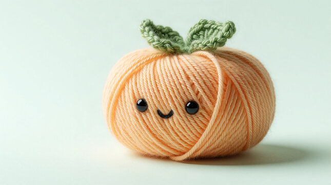 Cute Halloween pumpkin made of orange yarn with a happy smiling face and green crocheted leaves for seasonal autumn craft home decor