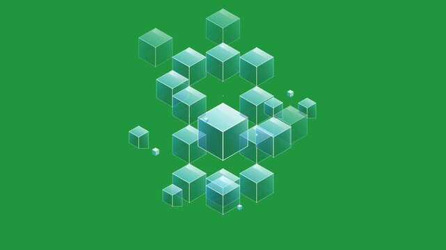 Abstract 3d isometric cubes floating against solid green background.