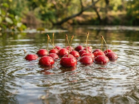 Fresh cherries floating on water surface , Harvest picking season, Fresh healthy fruits.