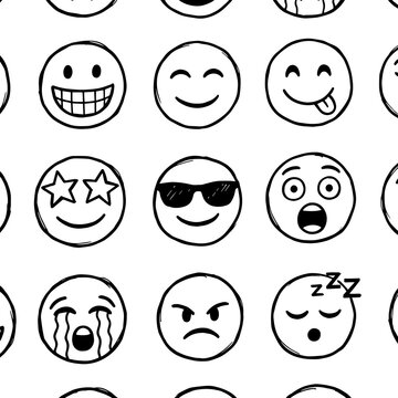Seamless pattern with hand drawn black outline cute emoji faces