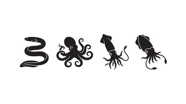 Set of black silhouettes of sea creatures including eel, octopus, and squid icons.