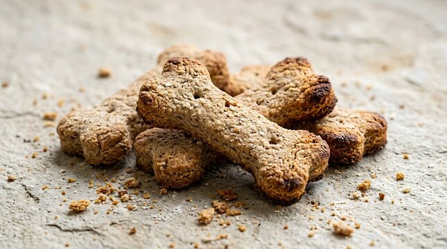 A pile of crunchy brown bone shaped dog biscuits with green herb bits on a textured stone table surface. bone shaped biscuits